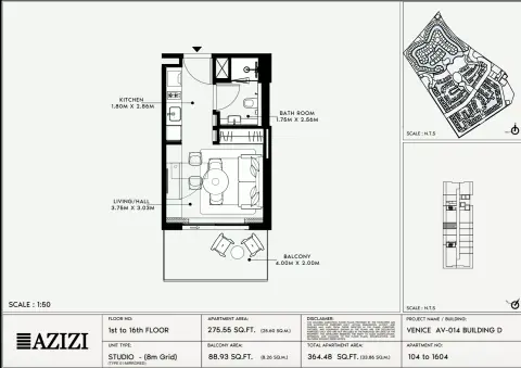 Azizi Venice 14: Floor plan Type 104-Building D, 364 sq ft