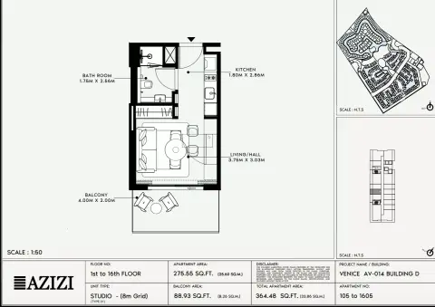 Azizi Venice 14: Floor plan Type 105-Building D, 364 sq ft