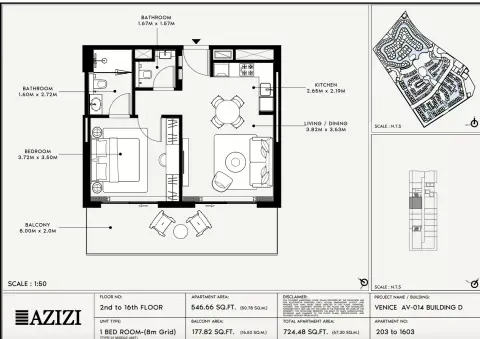 Azizi Venice 14: Floor plan Type 203-Building D, 724 sq ft