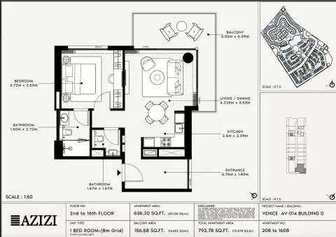 Azizi Venice 14: Floor plan Type 208-Building D, 792 sq ft