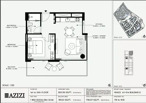 Azizi Venice 14: Floor plan Type 115-Building D, 735 sq ft