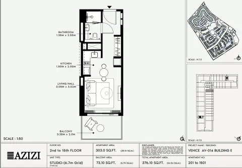 Azizi Venice 14: Floor plan Type 201-Building E, 376 sq ft