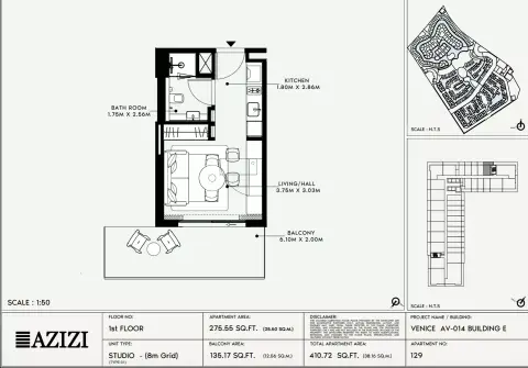 Azizi Venice 14: Floor plan Type 129-Building E, 410 sq ft