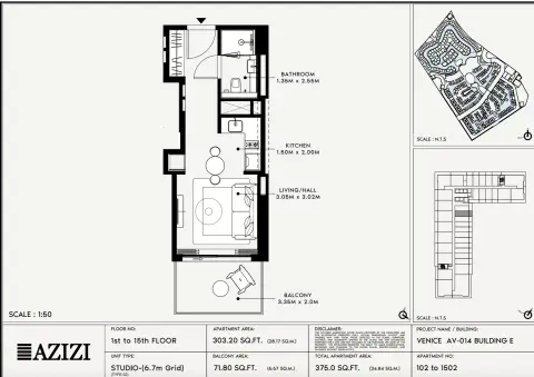 Azizi Venice 14: Floor plan Type 102-Building E, 375 sq ft