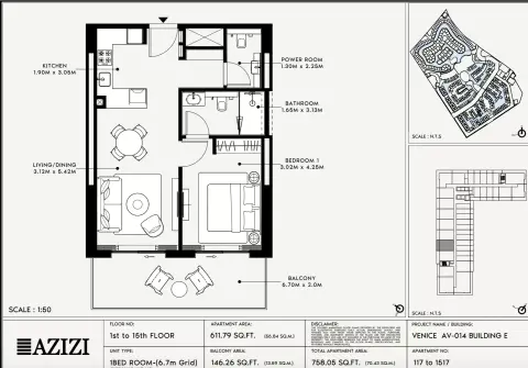Azizi Venice 14: Floor plan Type 117-Building E, 758 sq ft