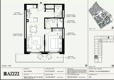 Azizi Venice 14: Floor plan Type 115-Building E, 753 sq ft