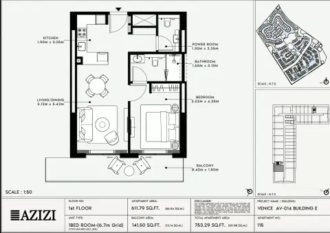 Azizi Venice 14: Floor plan Type 114-Building E, 753 sq ft
