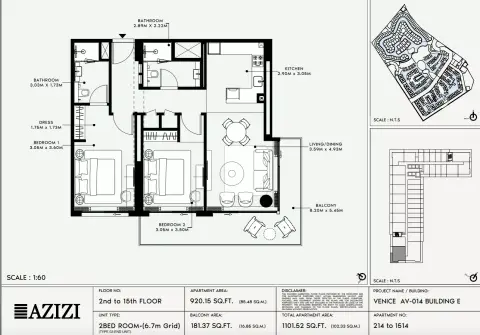 Azizi Venice 14: Floor plan Type 214-Building E, 1,101 sq ft