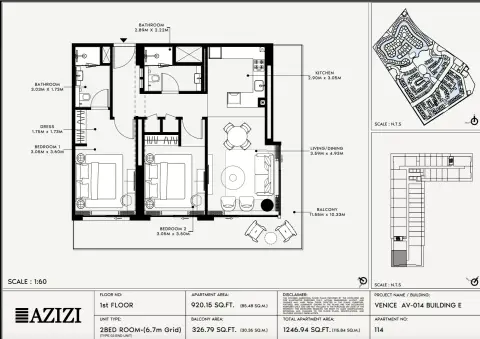 Azizi Venice 14: Floor plan Type 114-Building E, 1,246 sq ft