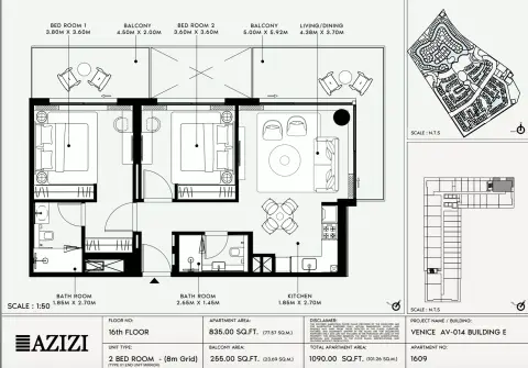 Azizi Venice 14: Floor plan Type 1609-Building E, 1,090 sq ft