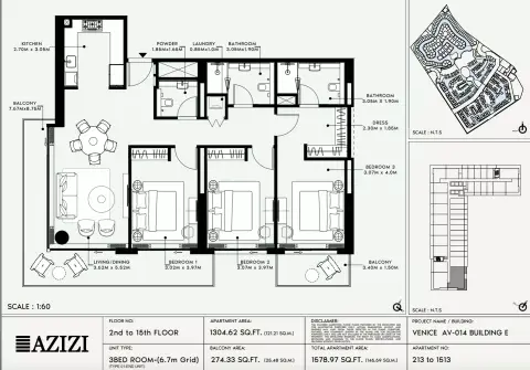 Azizi Venice 14: Floor plan Type 213-Building E, 1,578 sq ft