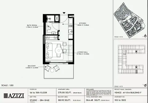 Azizi Venice 14: Floor plan Type 102-Building F, 364 sq ft
