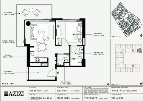Azizi Venice 14: Floor plan Type 230-Building F, 792 sq ft