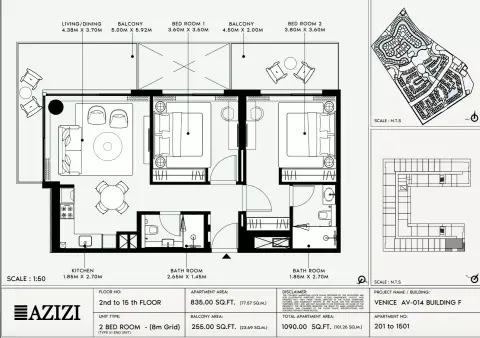 Azizi Venice 14: Floor plan Type 201-Building F, 1,090 sq ft