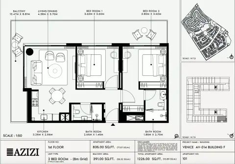 Azizi Venice 14: Floor plan Type 101-Building F, 1,226 sq ft