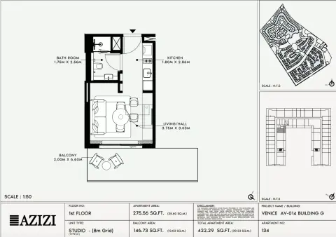Azizi Venice 14: Floor plan Type 134-Building G, 422 sq ft