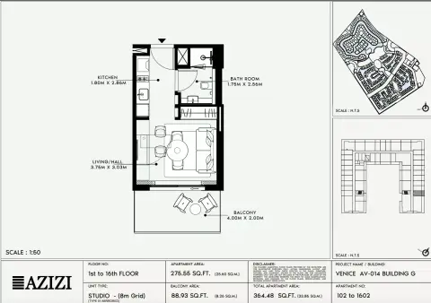 Azizi Venice 14: Floor plan Type 102-Building G, 364 sq ft