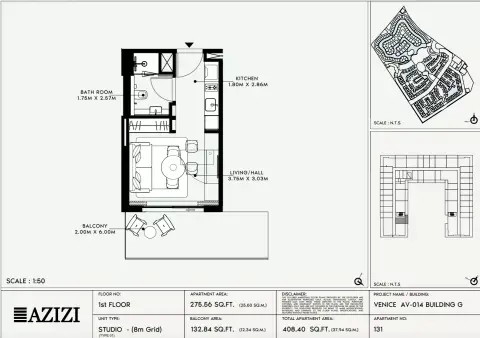 Azizi Venice 14: Floor plan Type 131-Building G, 408 sq ft