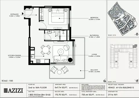 Azizi Venice 14: Floor plan Type 211-Building G, 720 sq ft