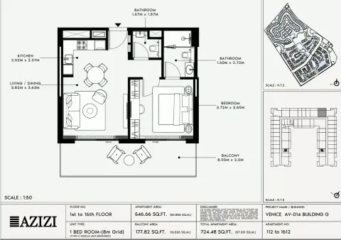 Azizi Venice 14: Floor plan Type 112-Building G, 724 sq ft