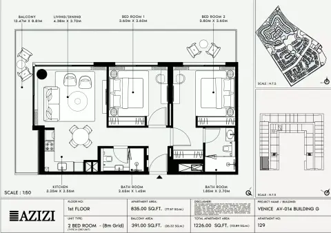 Azizi Venice 14: Floor plan Type 129-Building G, 1,226 sq ft