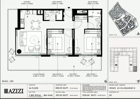 Azizi Venice 14: Floor plan Type 101-Building G, 1,226 sq ft