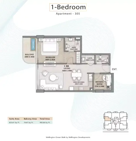 Wellington Ocean Walk: Floor plan Type 305 -1BR, 905 sq ft