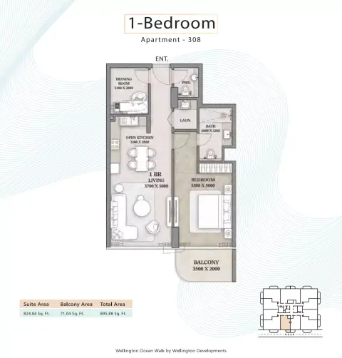 Wellington Ocean Walk: Floor plan Type 308 -1BR, 895 sq ft