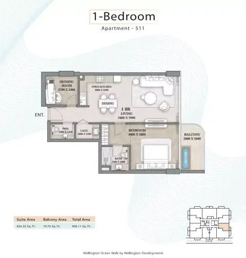 Wellington Ocean Walk: Floor plan Type 511 -1BR, 906 sq ft