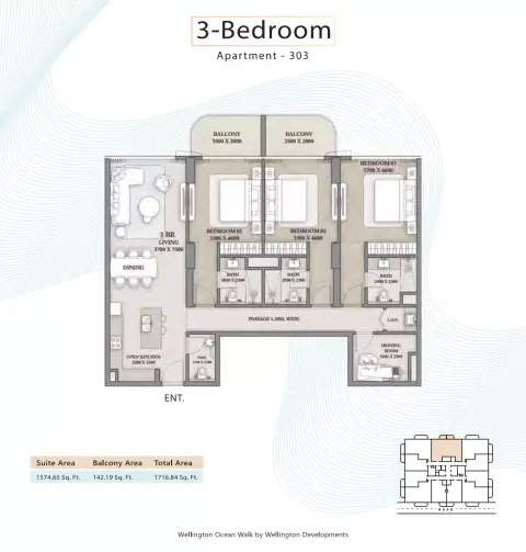 Wellington Ocean Walk: Floor plan Type 303 -3BR, 1,716 sq ft