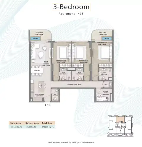 Wellington Ocean Walk: Floor plan Type 403 -3BR, 1,732 sq ft