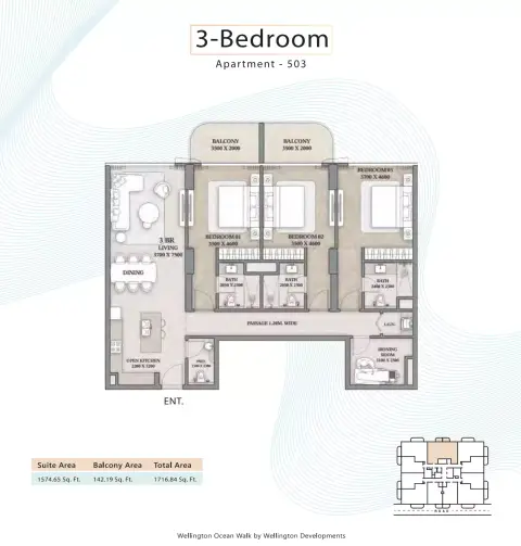 Wellington Ocean Walk: Floor plan Type 503 -3BR, 1,716 sq ft
