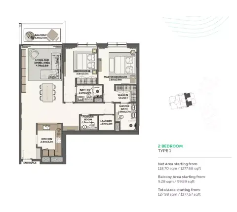 Sidr Residences: Планировка Type 1, 1,377 sq ft