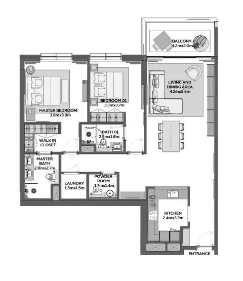 Sidr Residences: Планировка Type 3, 1,378 sq ft