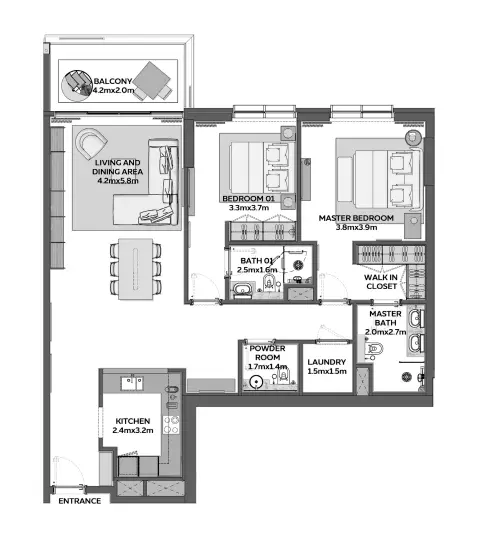 Sidr Residences: Планировка Type 4, 1,377 sq ft