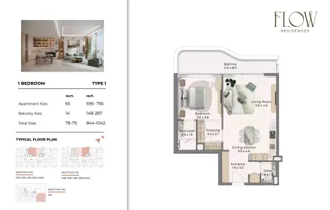 Flow Residences: Floor plan Type 1, 844 sq ft