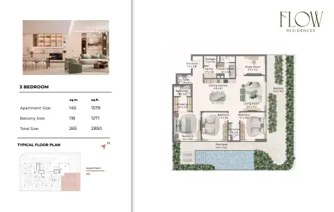 Flow Residences: Floor plan Type 1, 2,850 sq ft