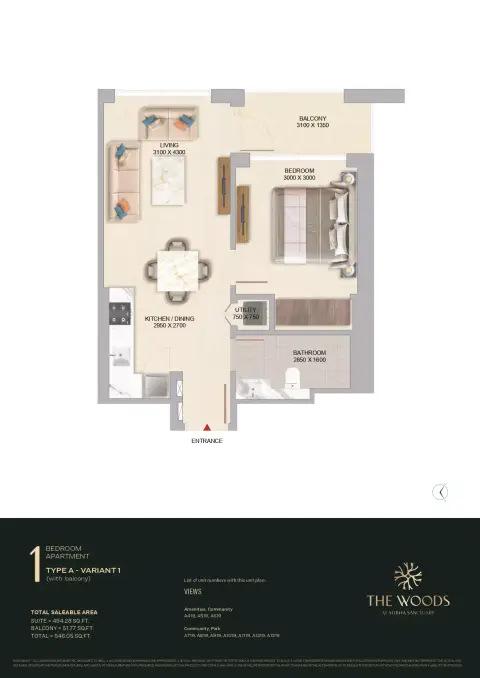 The Woods: Plan Type A - Variant 1 (with balcony), 546 sq ft
