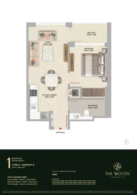 The Woods: Plan Type A - Variant 2 (with balcony), 540 sq ft