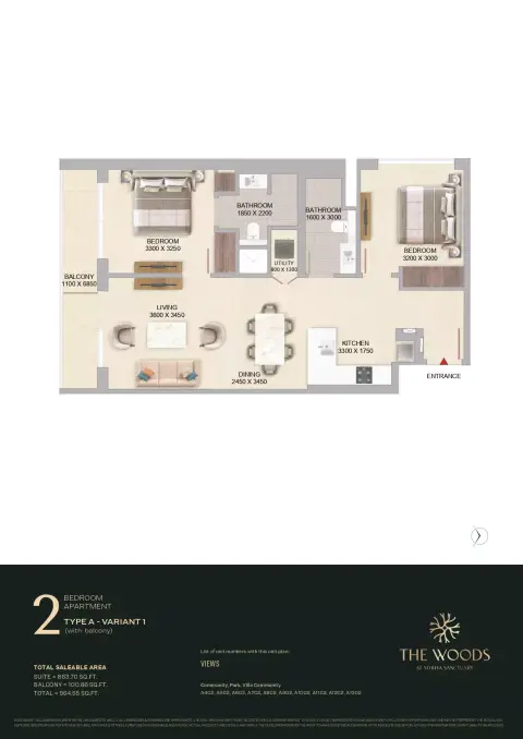 The Woods: Plan Type A - Variant 1 (with balcony), 964 sq ft