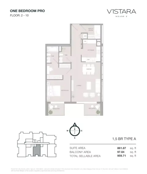 V1stara House Phase 2: Type A, 959 sq ft 户型图