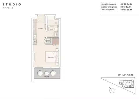 One River Point: Floor plan Type A, 487 sq ft