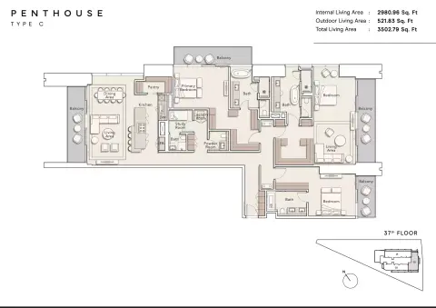 One River Point: Floor plan Type C, 3,502 sq ft