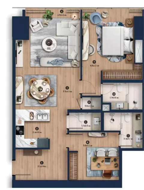 هيلتون ريزيدنسز أبراج بحيرات جميرا: مخطط الطابق Type 1, 658 sq ft