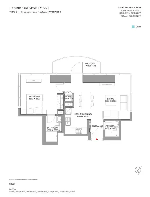 Sobha Skyscape Aura: Floor plan Type C Variant 1, 773 sq ft