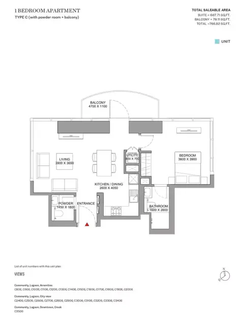 Sobha Skyscape Aura: Floor plan Type C, 766 sq ft