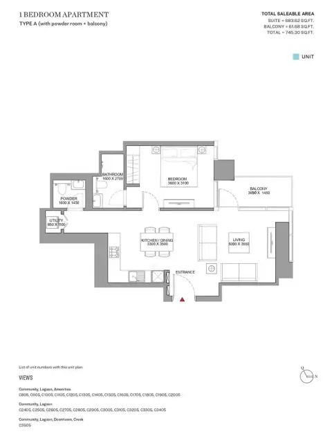 Sobha Skyscape Aura: Floor plan Type A, 745 sq ft