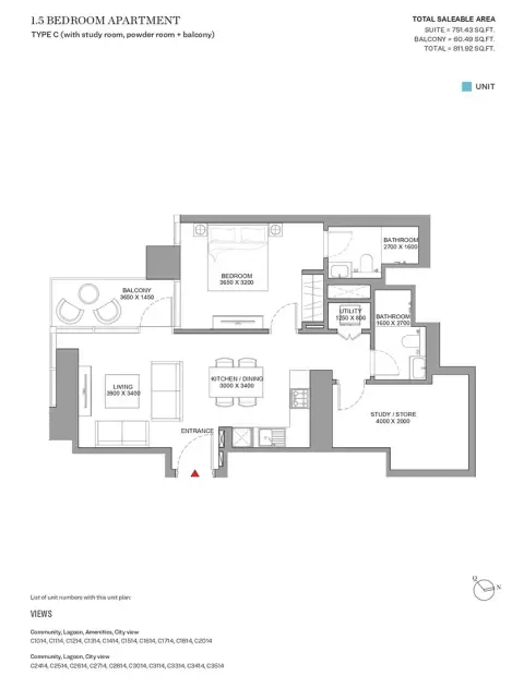 Sobha Skyscape Aura: Floor plan Type C, 811 sq ft
