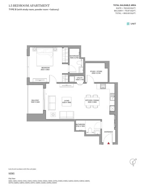 Sobha Skyscape Aura: Floor plan Type B, 866 sq ft