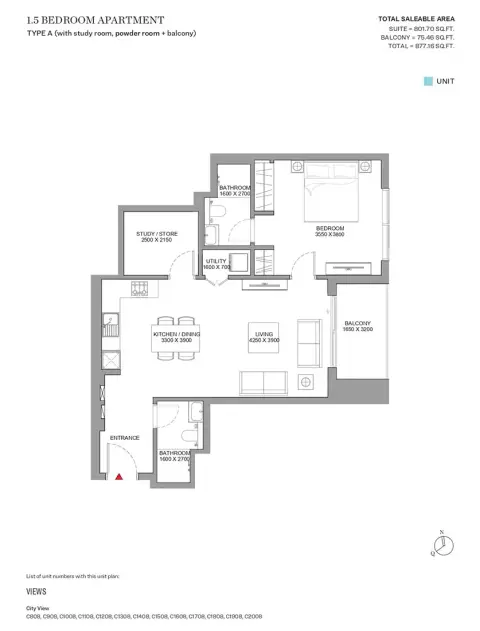 Sobha Skyscape Aura: Floor plan Type A, 877 sq ft